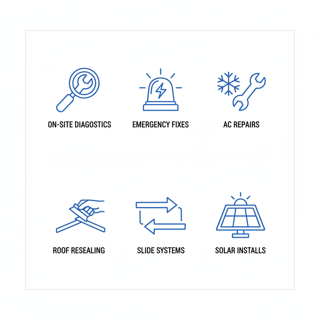 Grid of icons depicting mobile RV repair options including on-site diagnostics, emergency fixes, AC repairs, roof resealing, slide systems, and solar installations in Denton.