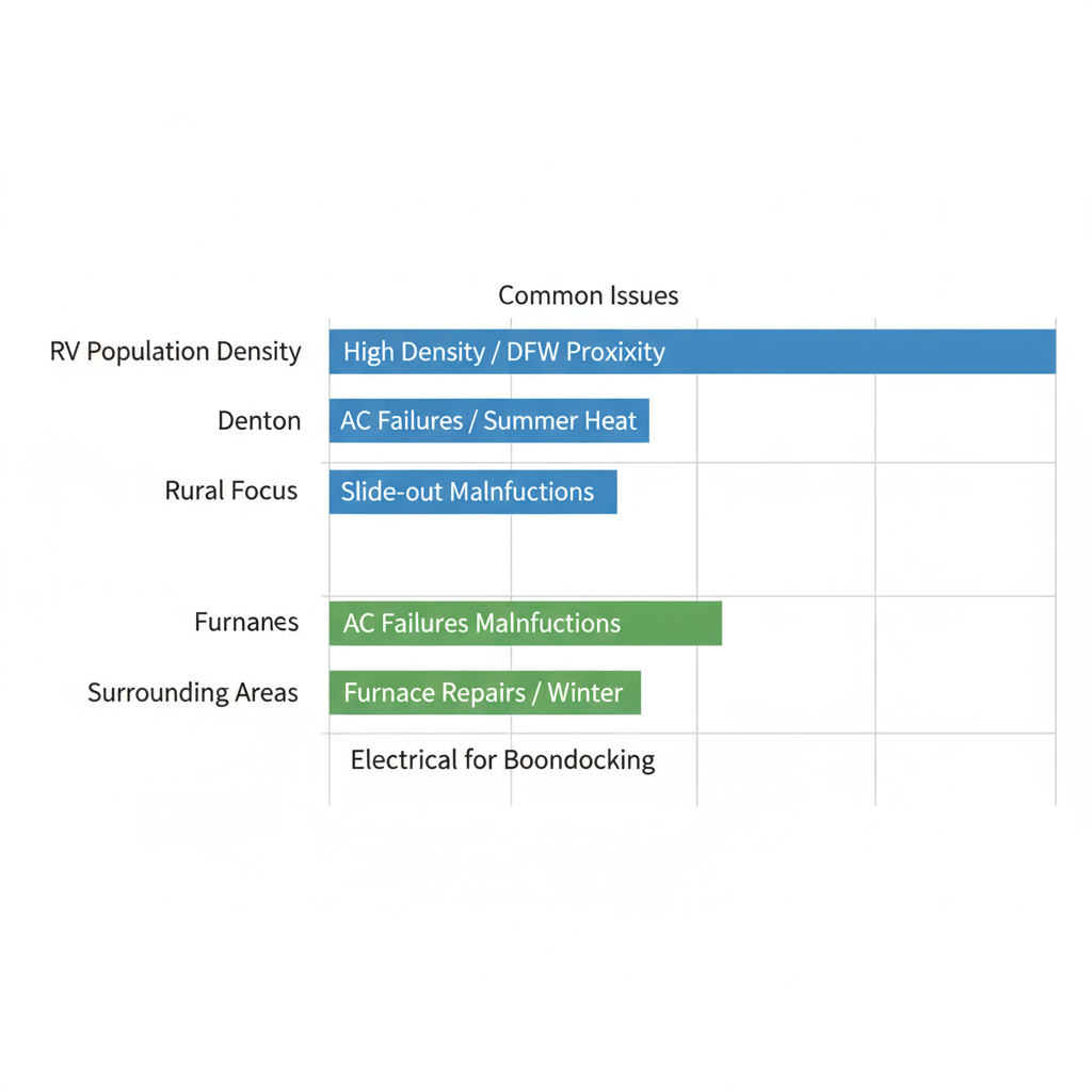 Horizontal bar chart comparing RV population density and common repair issues in Denton versus surrounding North Texas areas