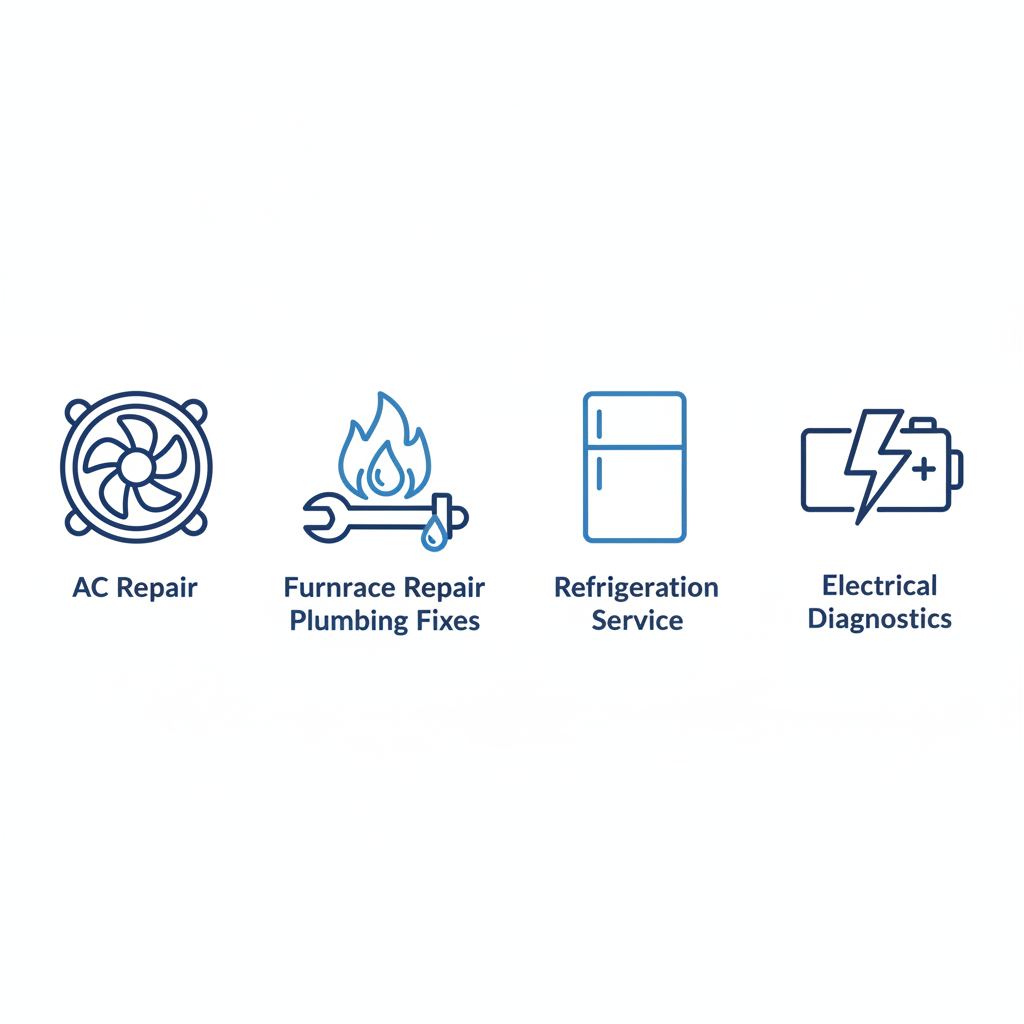 Set of five blue outline icons depicting mobile RV services: AC repair fan, furnace flame, plumbing wrench, refrigeration fridge, electrical lightning battery with labels.