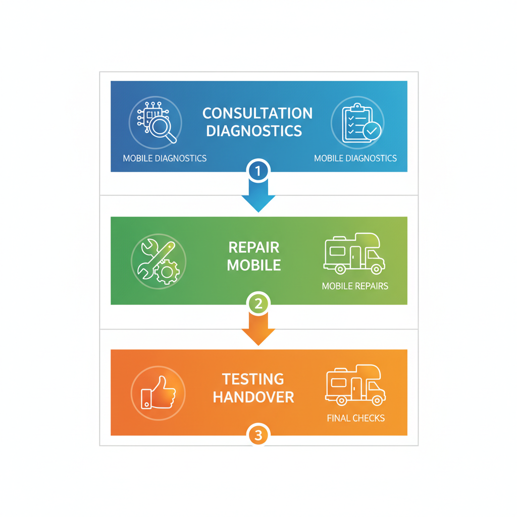 Vertical process flow diagram of three key RV maintenance stages at Patriots RV Services
