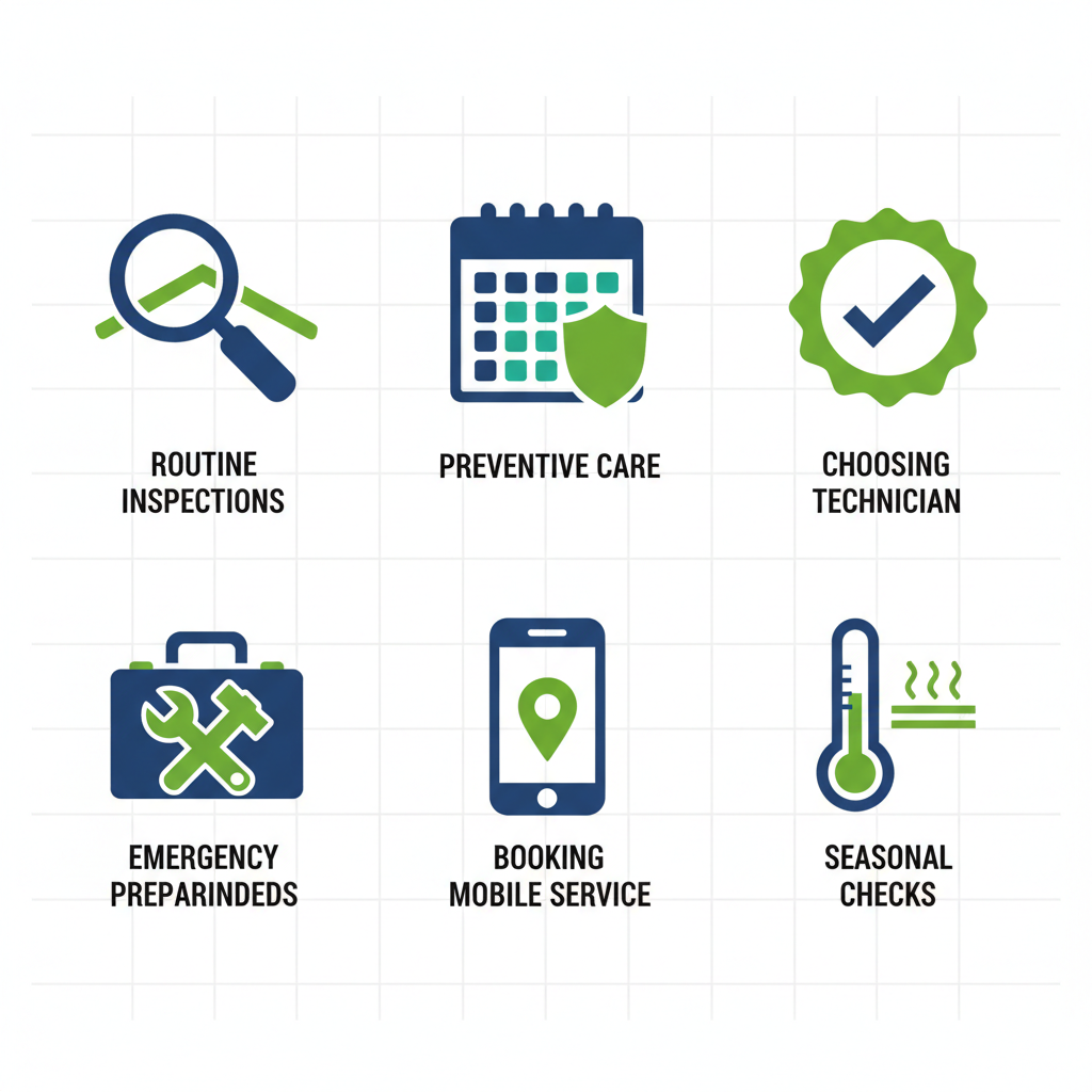 Grid of six icons illustrating best RV upkeep practices: routine inspections with magnifying glass on roof, preventive care with calendar and shield, choosing technician with badge, emergency preparedness with toolkit, booking mobile service with phone and pin, seasonal checks with thermometer for Texas heat.