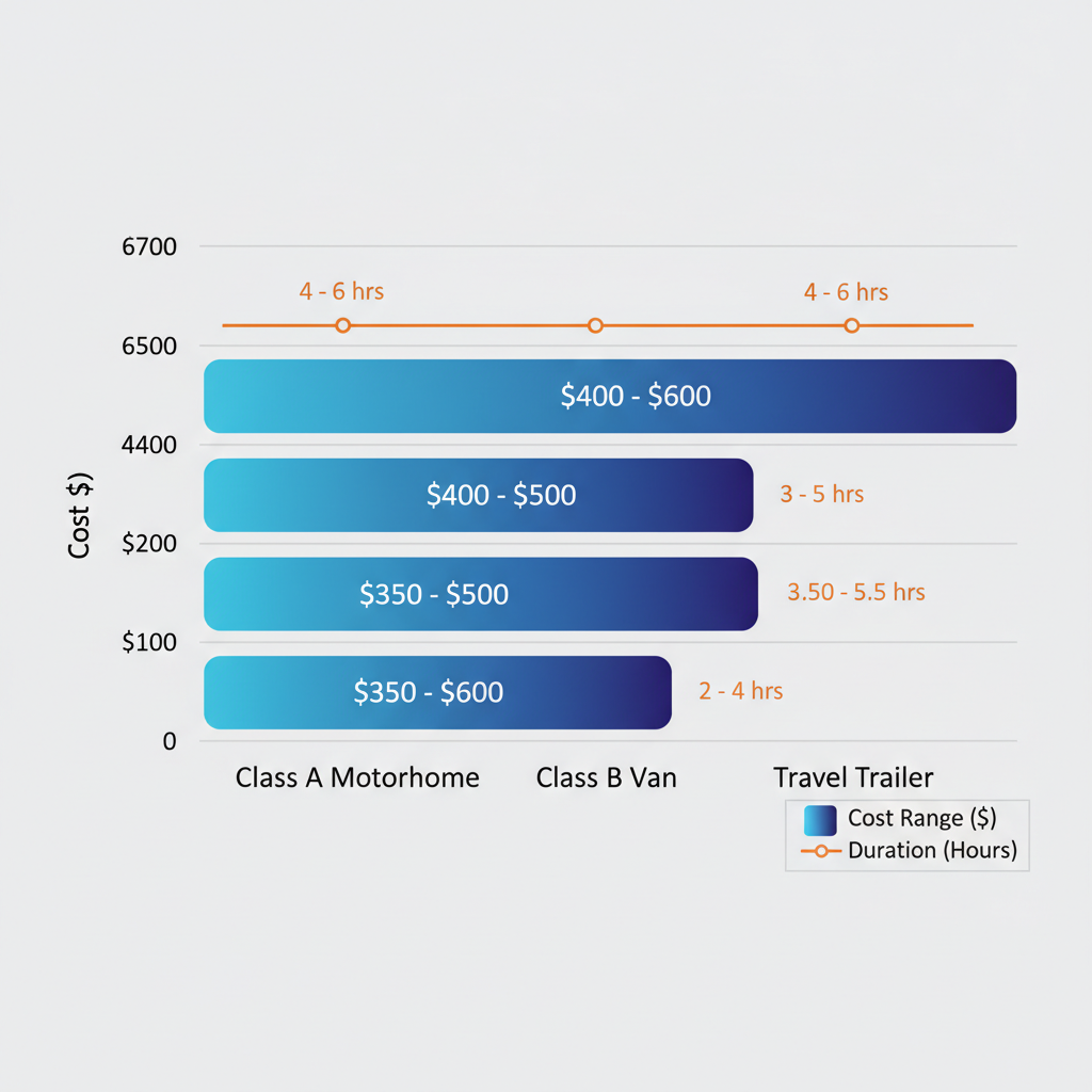 Horizontal bar chart illustrating pre-purchase RV inspection costs and durations by RV type