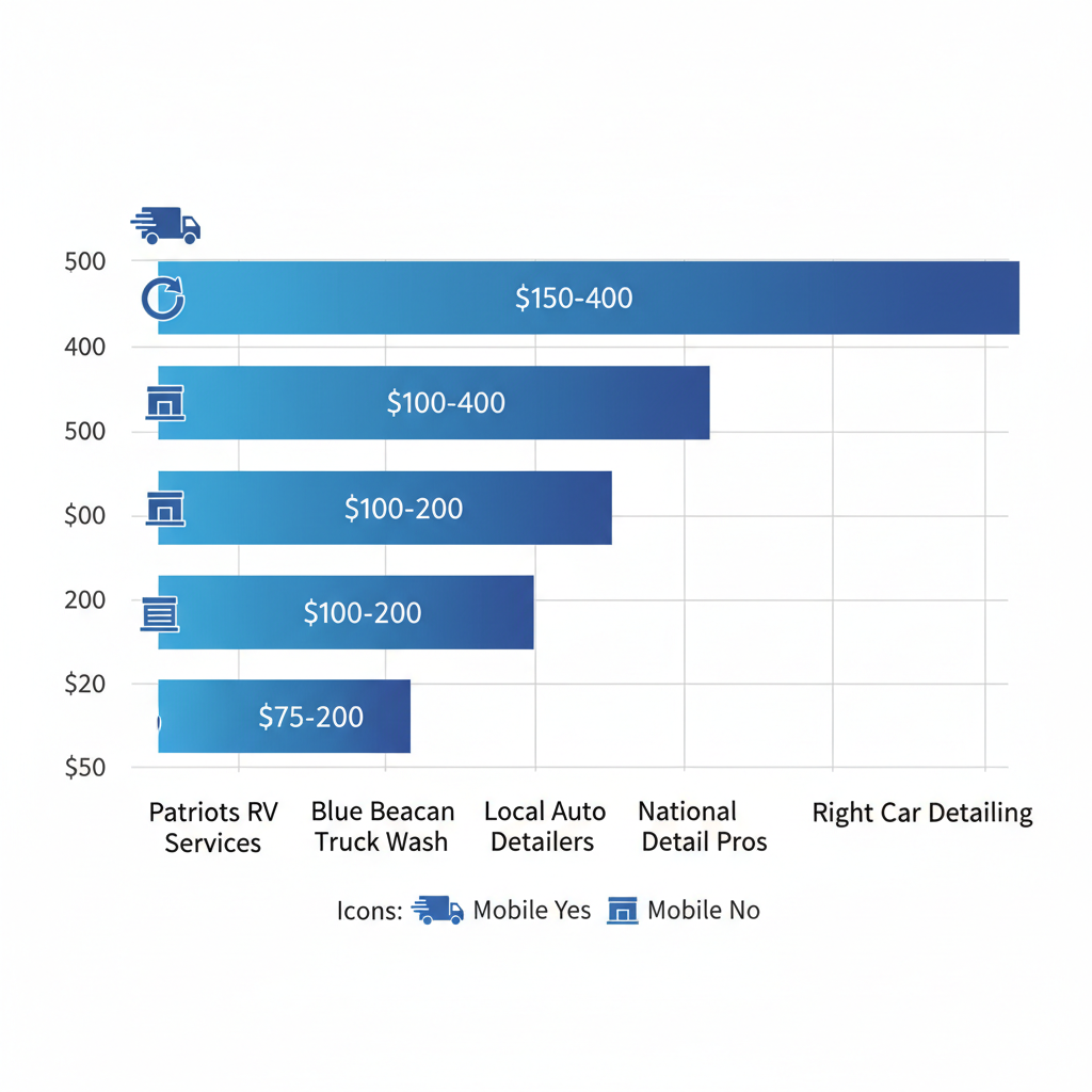 Horizontal bar chart comparing RV washing service pricing ranges across providers in Denton, Texas, with mobile availability icons.