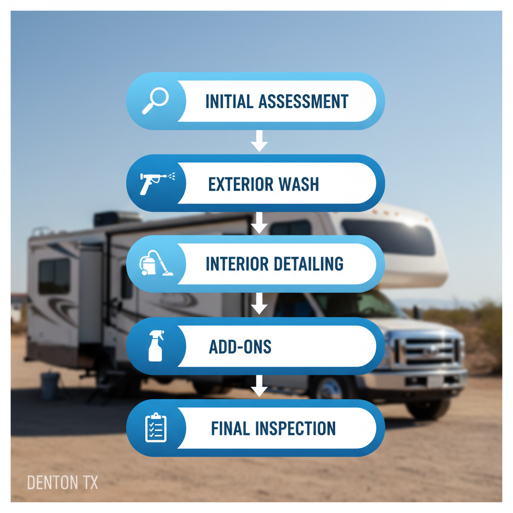Vertical process flow diagram illustrating five stages of RV washing services in Denton: initial assessment, exterior wash, interior detailing, add-ons, and final inspection.