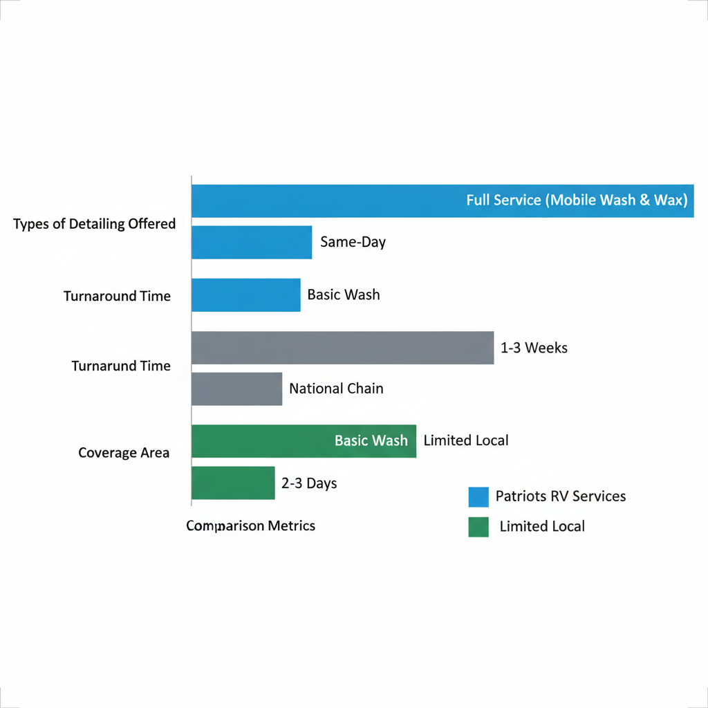 Horizontal bar chart comparing RV detailing services in Denton by types offered, turnaround time, and coverage area
