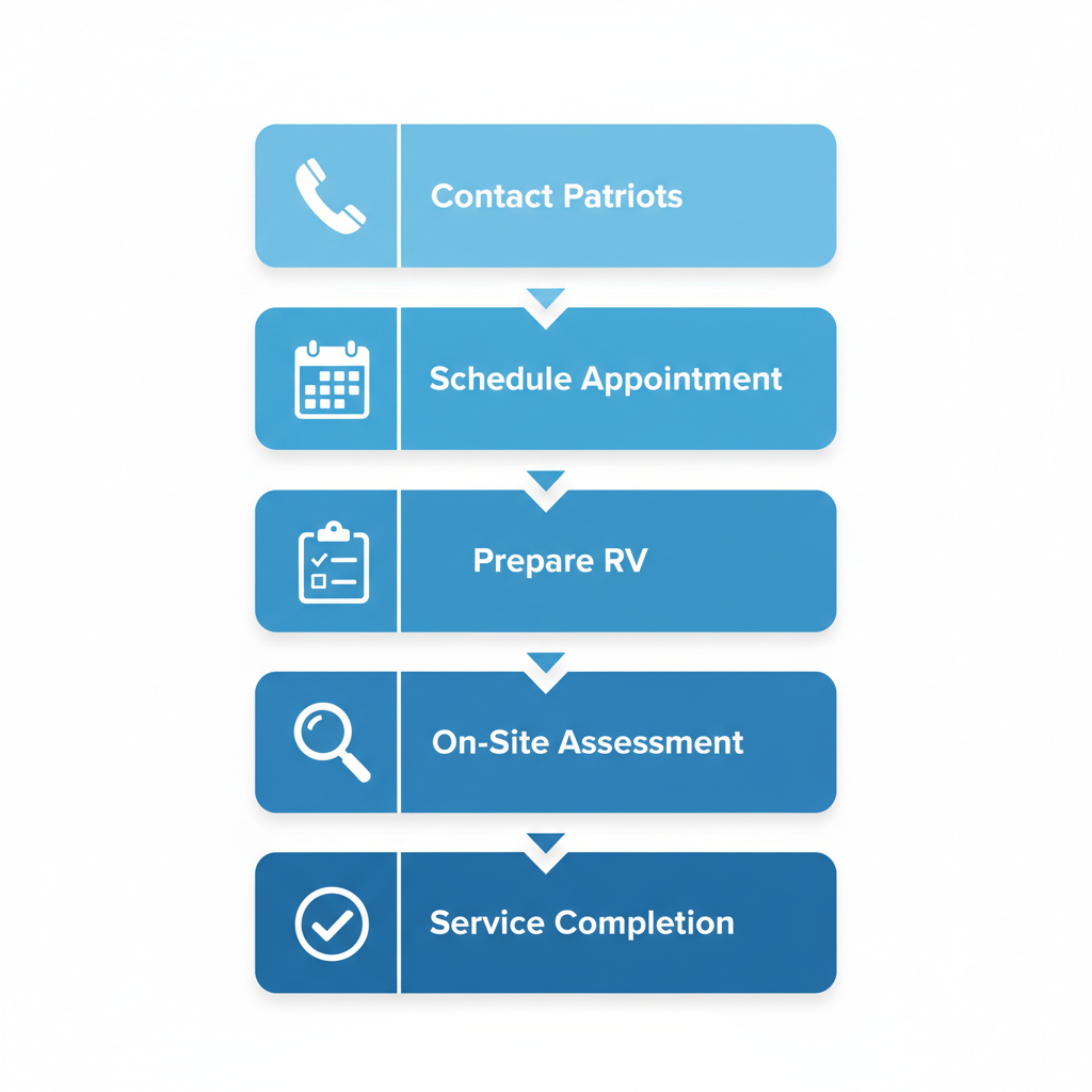 Vertical process flow illustrating the five steps to begin RV detailing service with Patriots RV Services in Denton, Texas