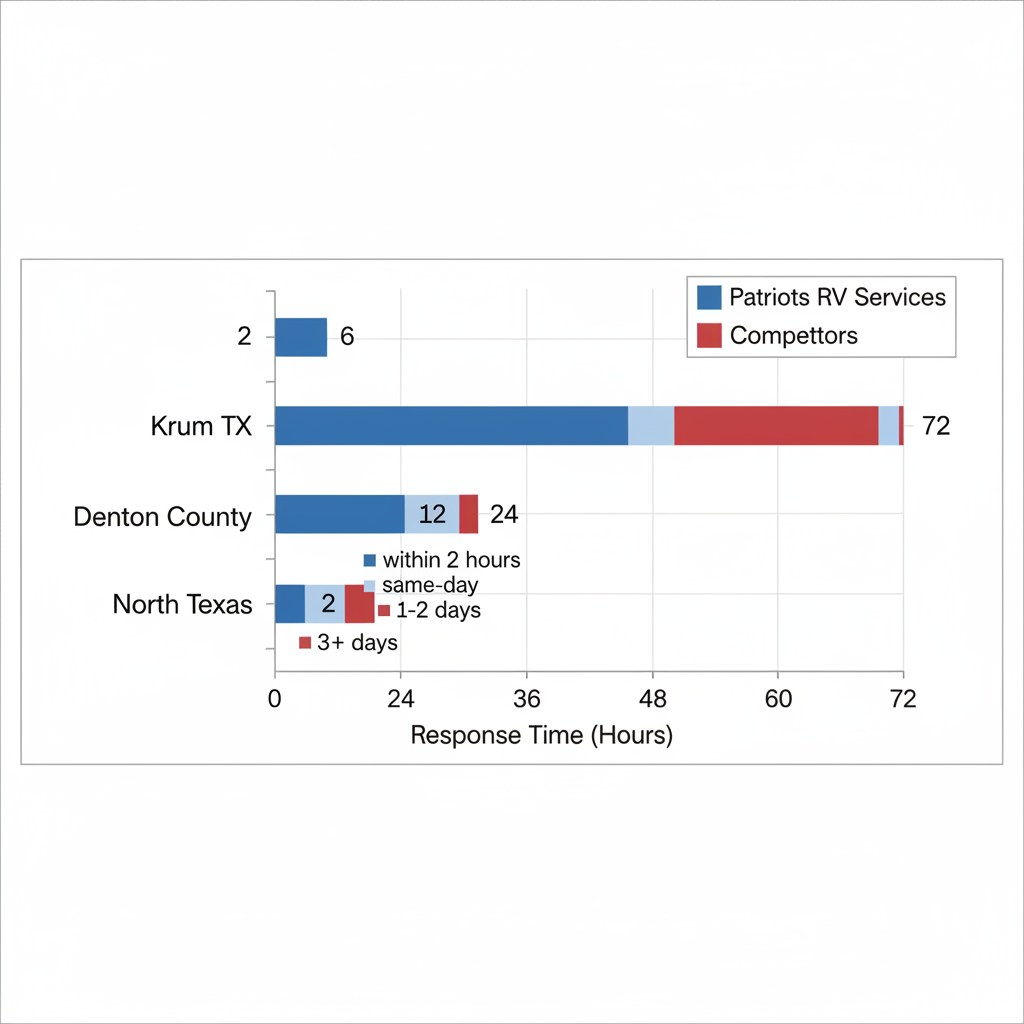 Horizontal bar chart comparing fast response times of Patriots RV Services versus slower competitors in Krum TX, Denton County, and North Texas regions