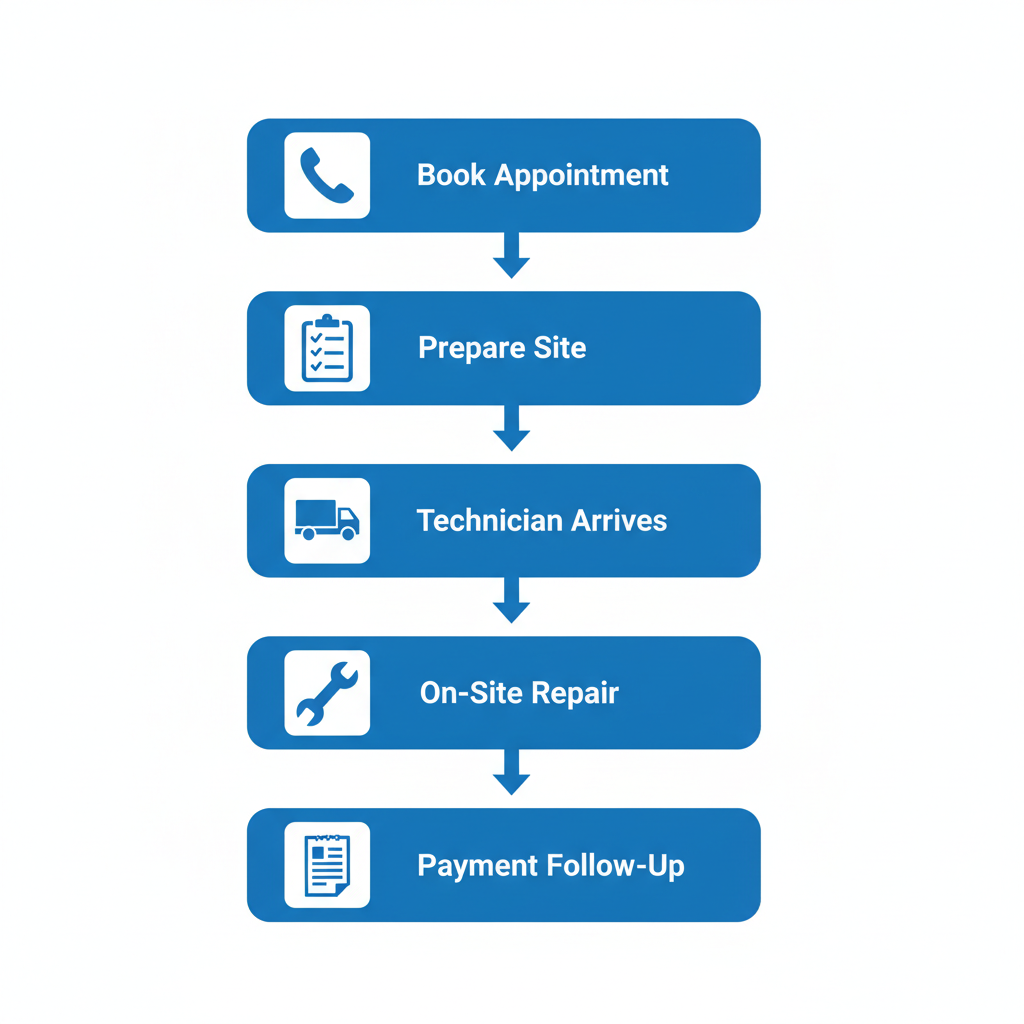 Vertical process flow diagram illustrating the five steps for initiating mobile RV repair services with Patriots RV Services, including booking, site preparation, technician arrival, on-site repair, and payment.