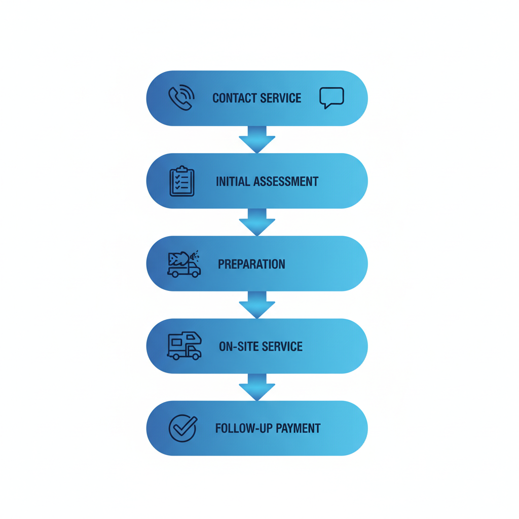 Vertical process flow diagram showing five steps to schedule RV washing in Denton: contact, assessment, preparation, service, and follow-up.