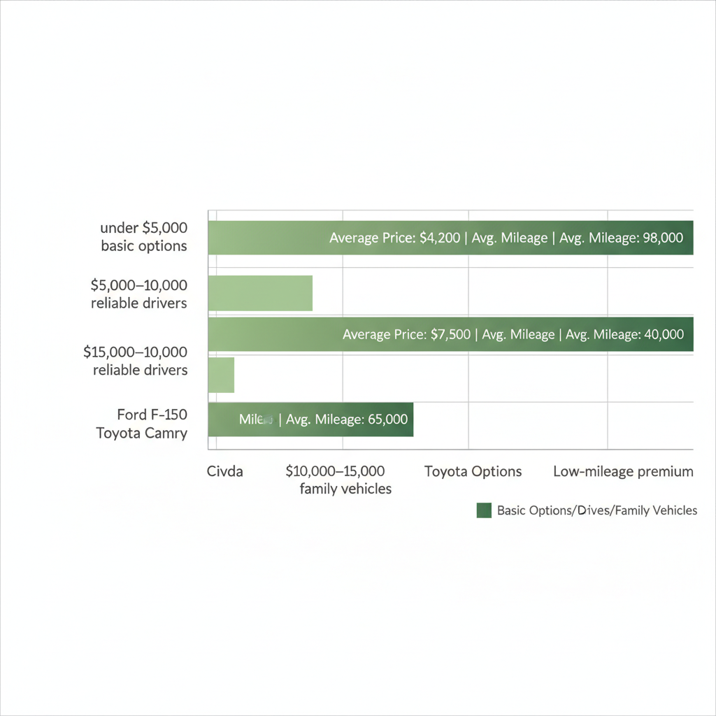 Horizontal bar chart illustrating used car price ranges by category and example models in Davie, Florida, with average prices and mileage statistics.