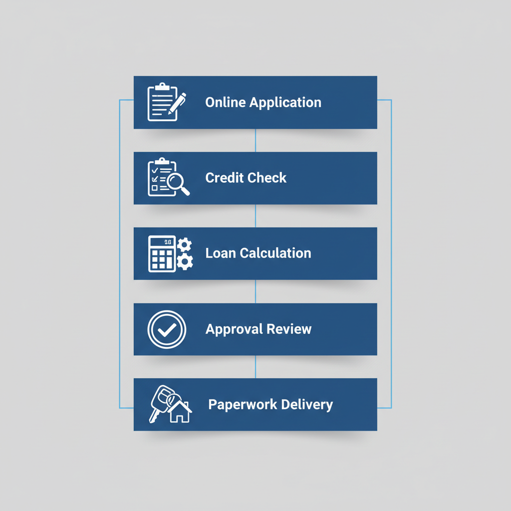 Vertical process flow diagram illustrating the five key steps in auto financing at Valerisa Auto
