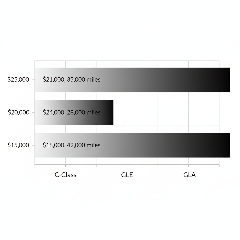 Horizontal bar chart of average used Mercedes-Benz model prices in Davie, Florida, featuring C-Class, GLE, and GLA with luxury color gradients.