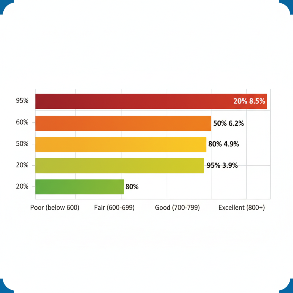 Horizontal bar chart showing credit score categories and their impact on used car financing approval likelihood and APR rates