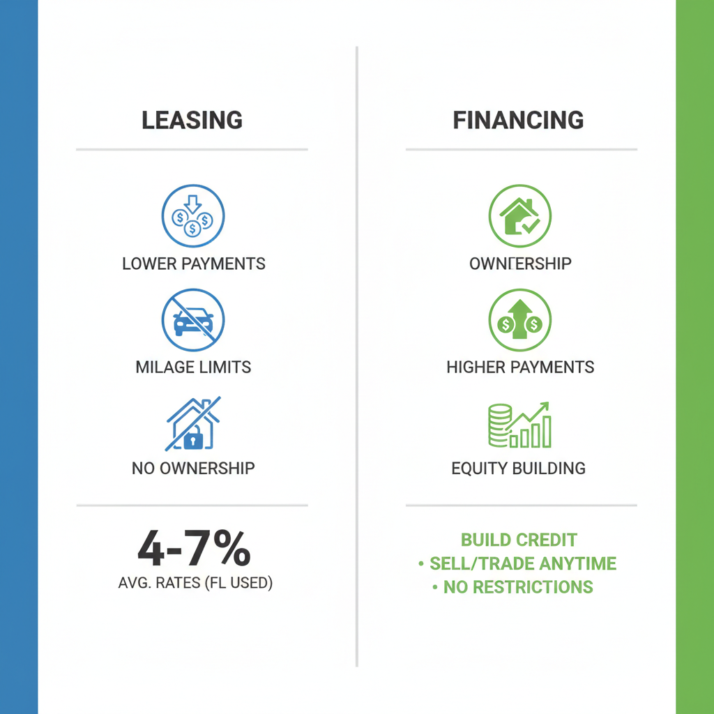 Infographic comparing lease vs finance options for used Lexus vehicles showing icons, pros, cons, and average rates 4-7% in Florida