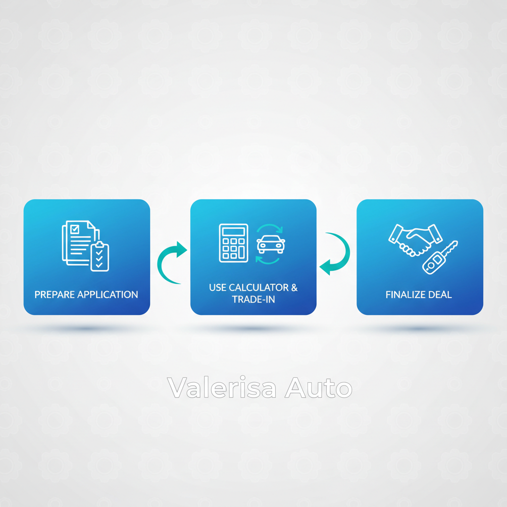 Horizontal process flow diagram illustrating three key steps for securing auto financing: preparing application with documents, using loan calculator and trade-in, and finalizing the deal with handshake.
