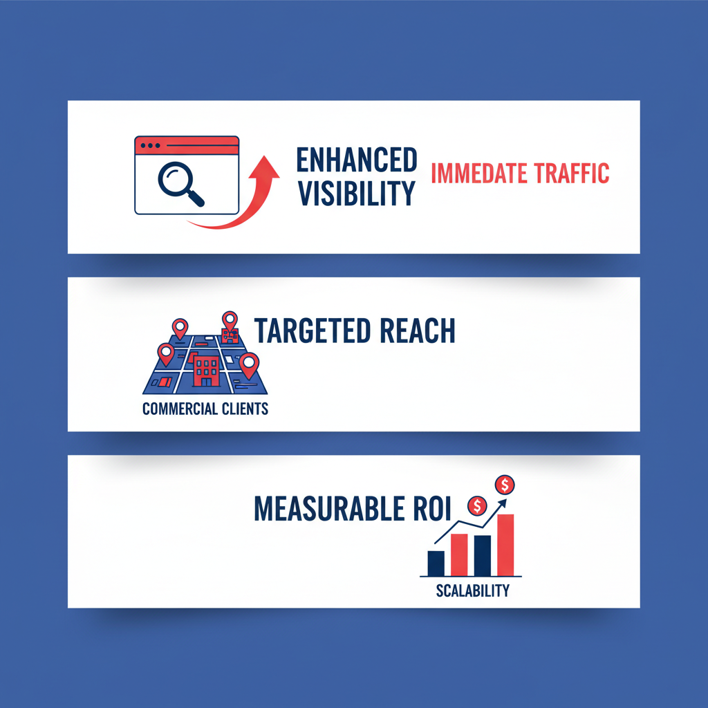 Infographic illustrating enhanced visibility, targeted reach, and measurable ROI advantages of Google Ads for fire protection leads.