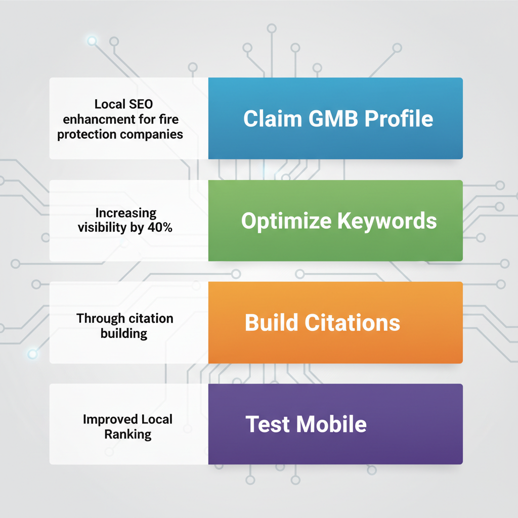 Horizontal process flow diagram illustrating four key steps for enhancing local SEO for fire protection companies