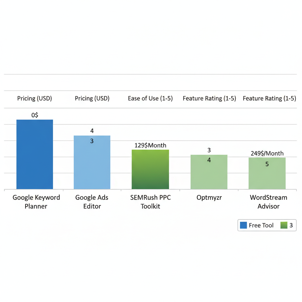 Horizontal bar chart comparing Google Ads tools for fire protection by pricing, ease of use, and features.