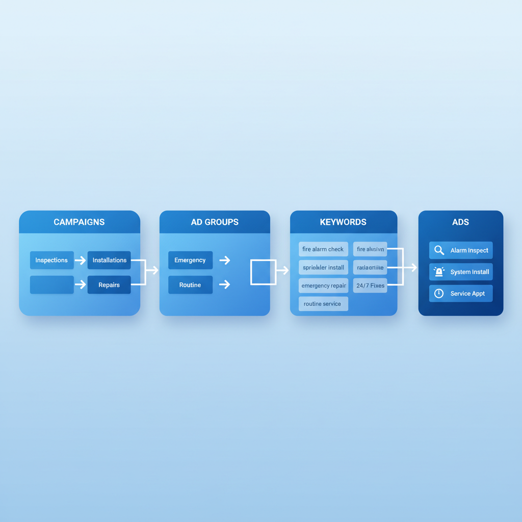 Process flow diagram illustrating hierarchical PPC campaign structure for fire protection services with stages for campaigns, ad groups, keywords, and ads.