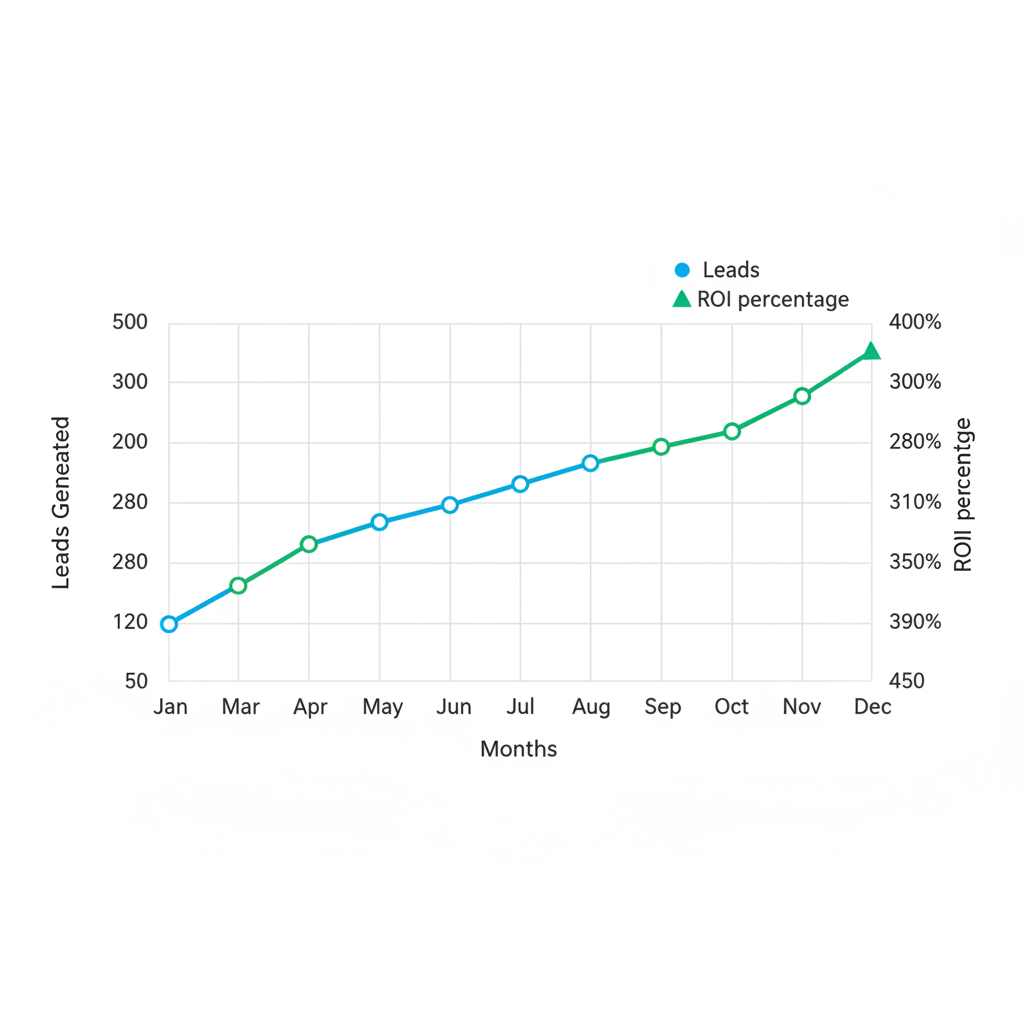 Line chart depicting growth in leads and ROI for PPC campaigns in restoration services over 12 months