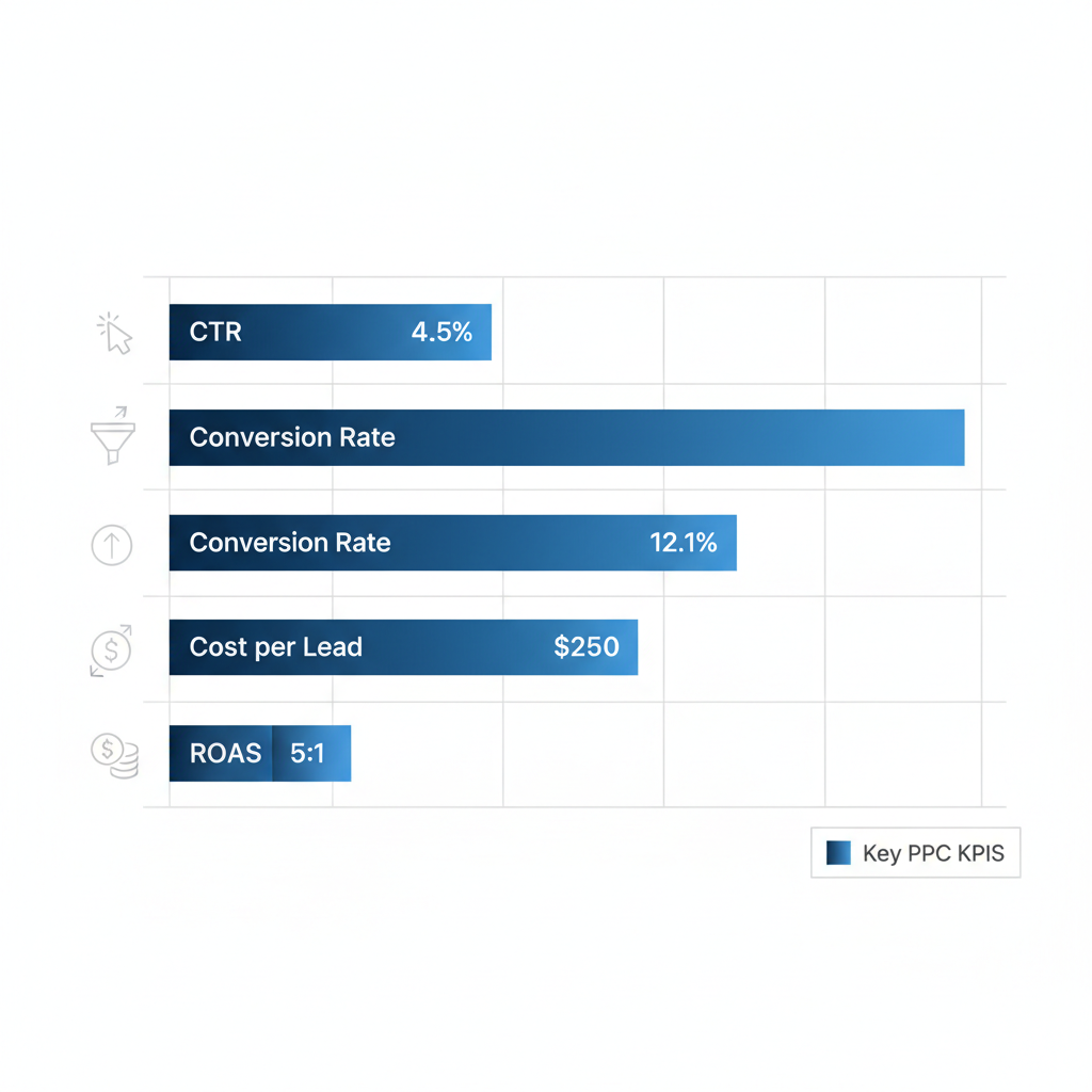 Horizontal bar chart illustrating key PPC performance metrics for fire protection including CTR, conversion rate, cost per lead, and ROAS with gradient blue bars.
