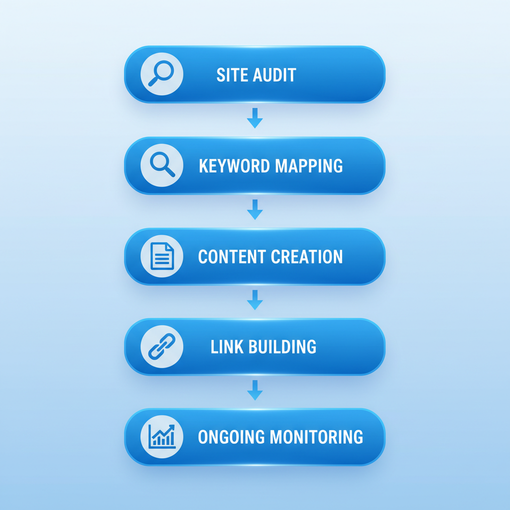 Vertical process flow illustrating five stages of SEO implementation for fire protection companies: site audit, keyword mapping, content creation, link building, and ongoing monitoring with relevant icons.