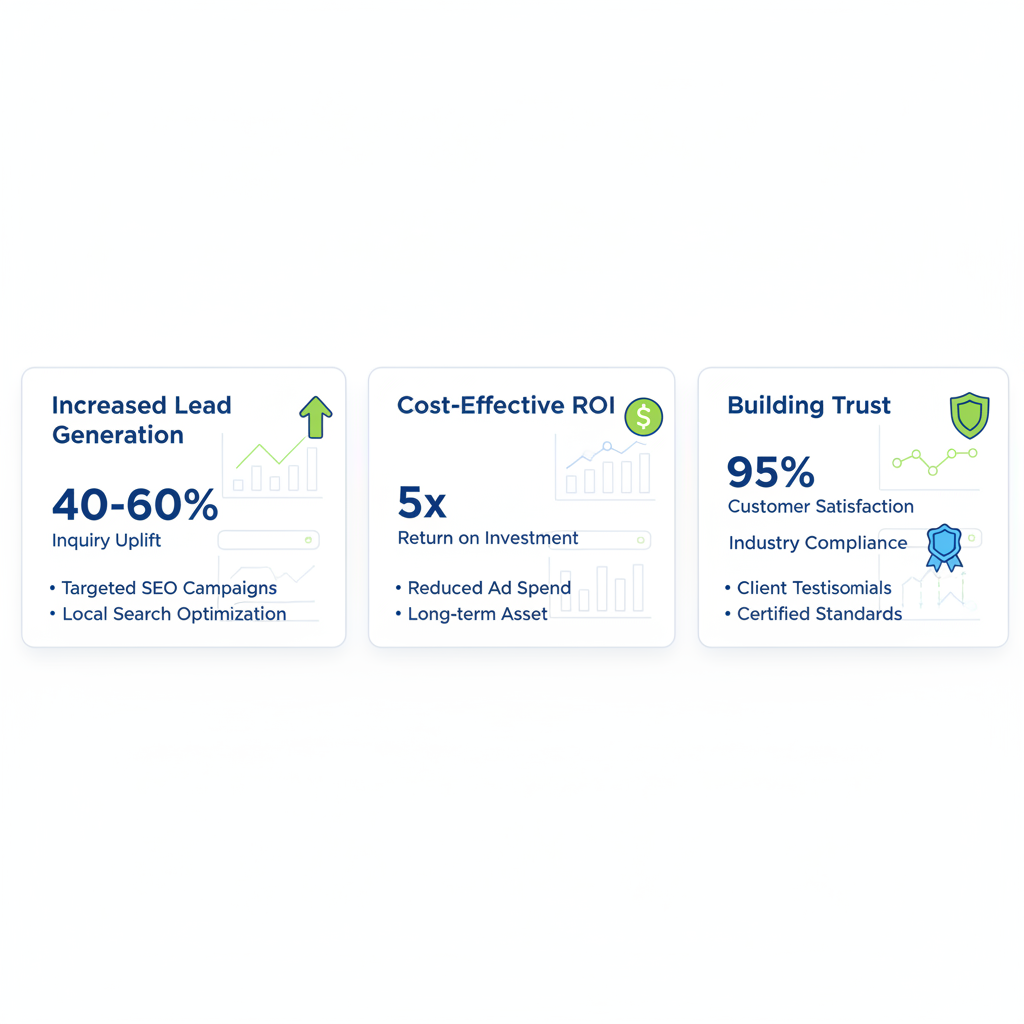 Infographic illustrating key SEO benefits for fire protection businesses including lead generation, ROI, and trust building with icons and stats