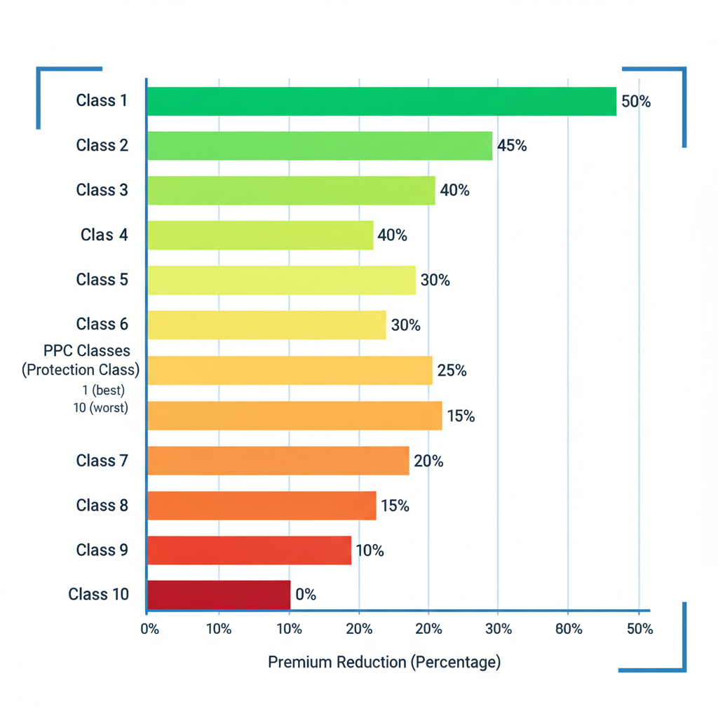 Horizontal bar chart showing insurance premium reductions by PPC classes 1 through 10, gradient from green to red.