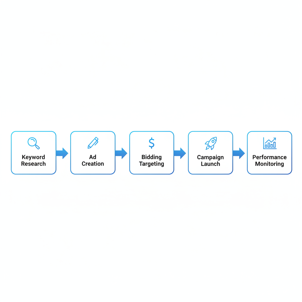 Horizontal process flow diagram illustrating key steps in setting up a PPC campaign: keyword research, ad creation, bidding and targeting, launch, and monitoring with icons and arrows.