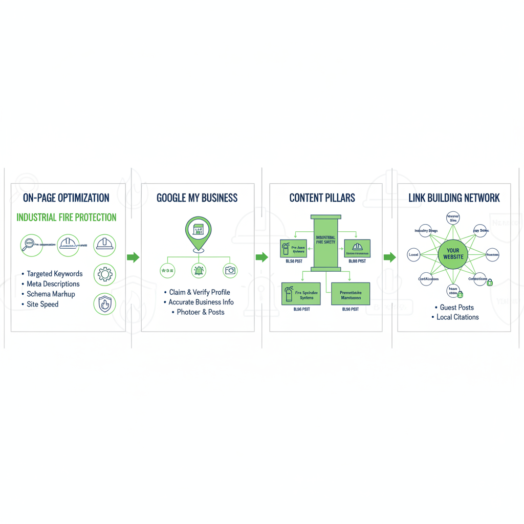 Infographic depicting four connected SEO strategies for industrial fire protection: on-page optimization, Google My Business setup, content pillars, and link building.