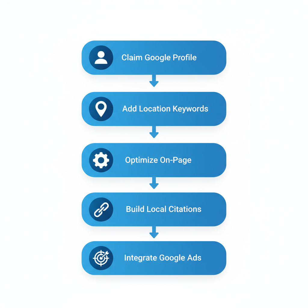Vertical process flow diagram illustrating five key steps for optimizing local SEO in the fire protection industry