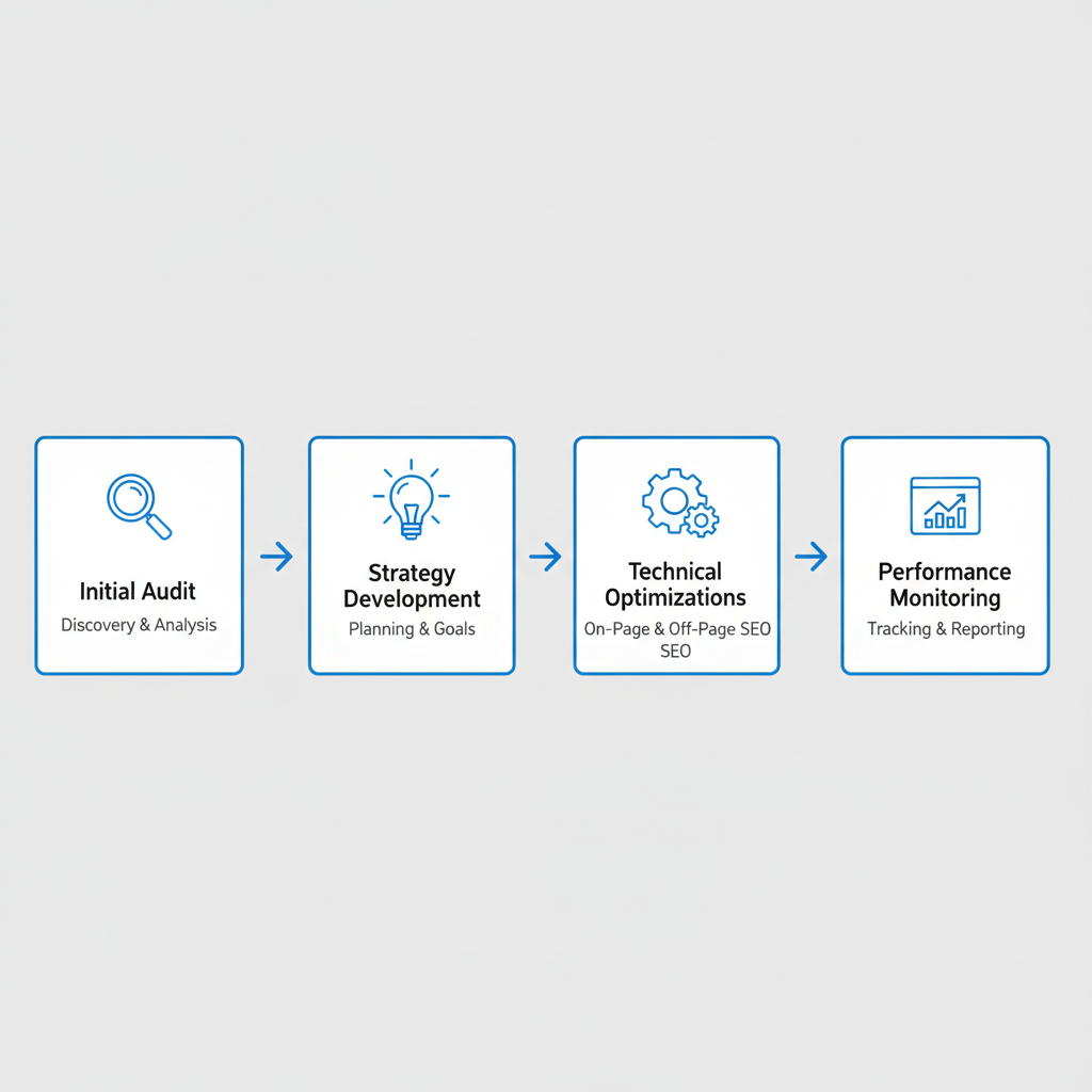 Horizontal process flow diagram illustrating four stages of SEO implementation for fire protection services: initial audit, strategy development, optimizations, and monitoring