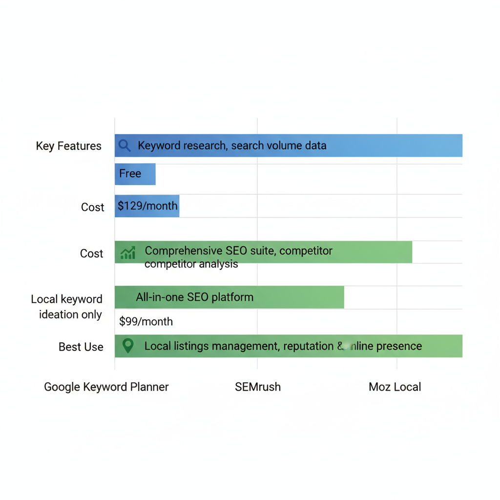 Horizontal bar chart comparing SEO tools for fire protection companies by features, costs, and best uses with icons and labels.