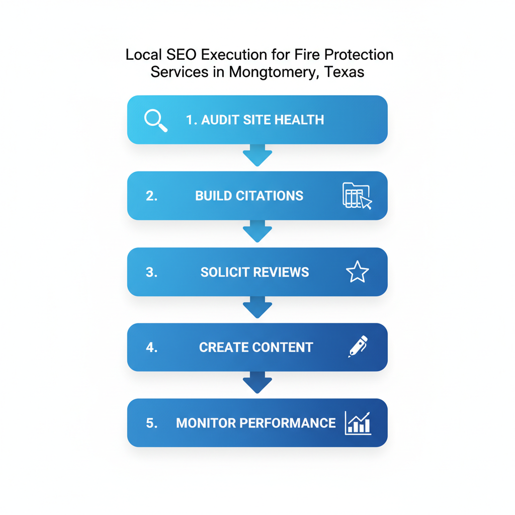 Vertical diagram illustrating five steps for implementing practical local SEO in fire protection: auditing site health, building citations, soliciting reviews, creating local content, and monitoring performance