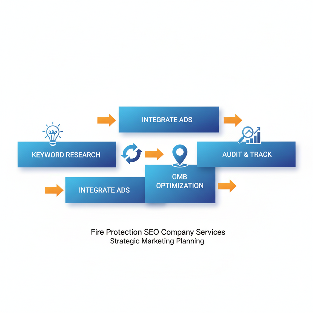 Horizontal process flow diagram of four strategic marketing steps for fire protection services: keyword research, Google Ads integration, GMB optimization, and audit tracking.