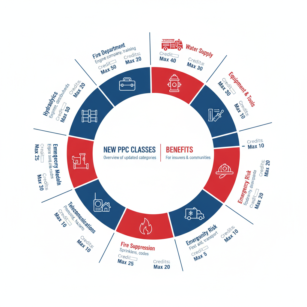 Infographic illustrating 10 PPC credit categories for fire protection in circular arrangement with icons and descriptions