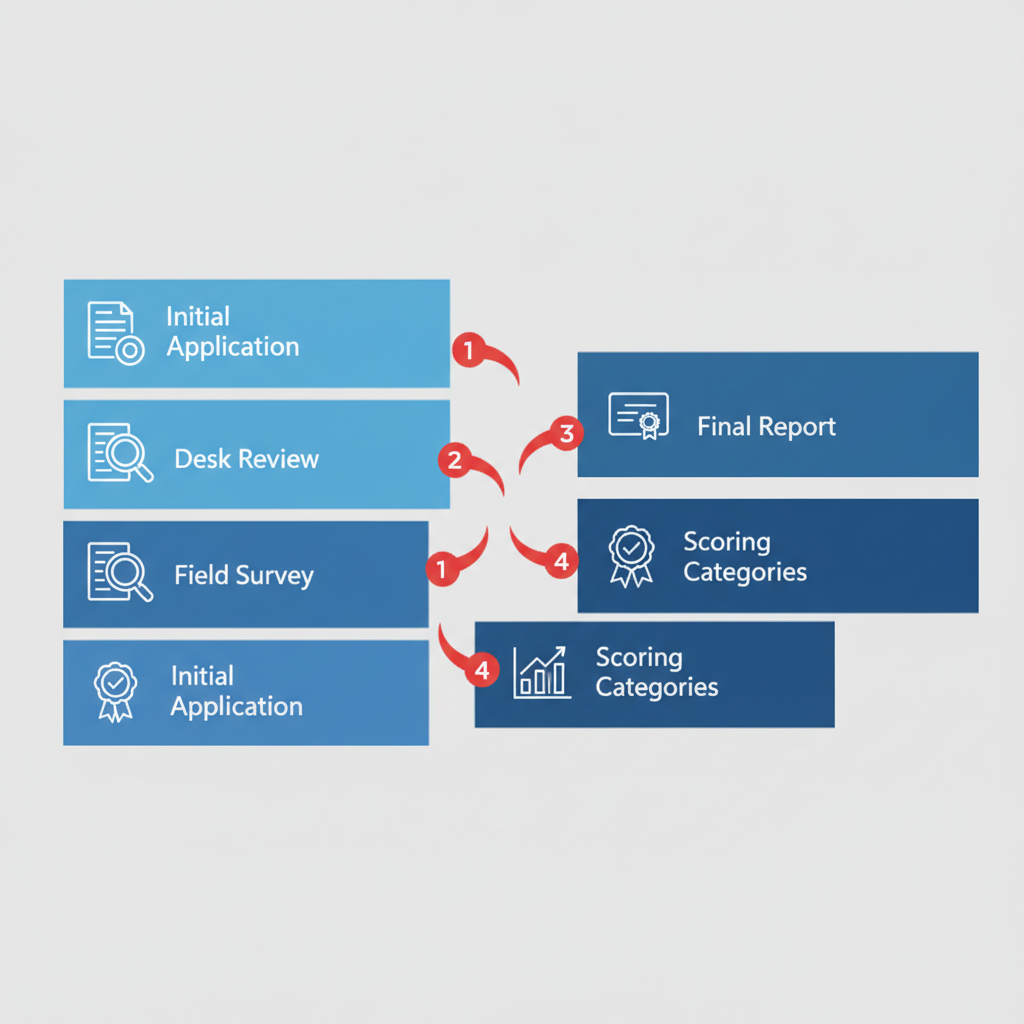 Horizontal process flow diagram illustrating the five steps of the ISO PPC evaluation process