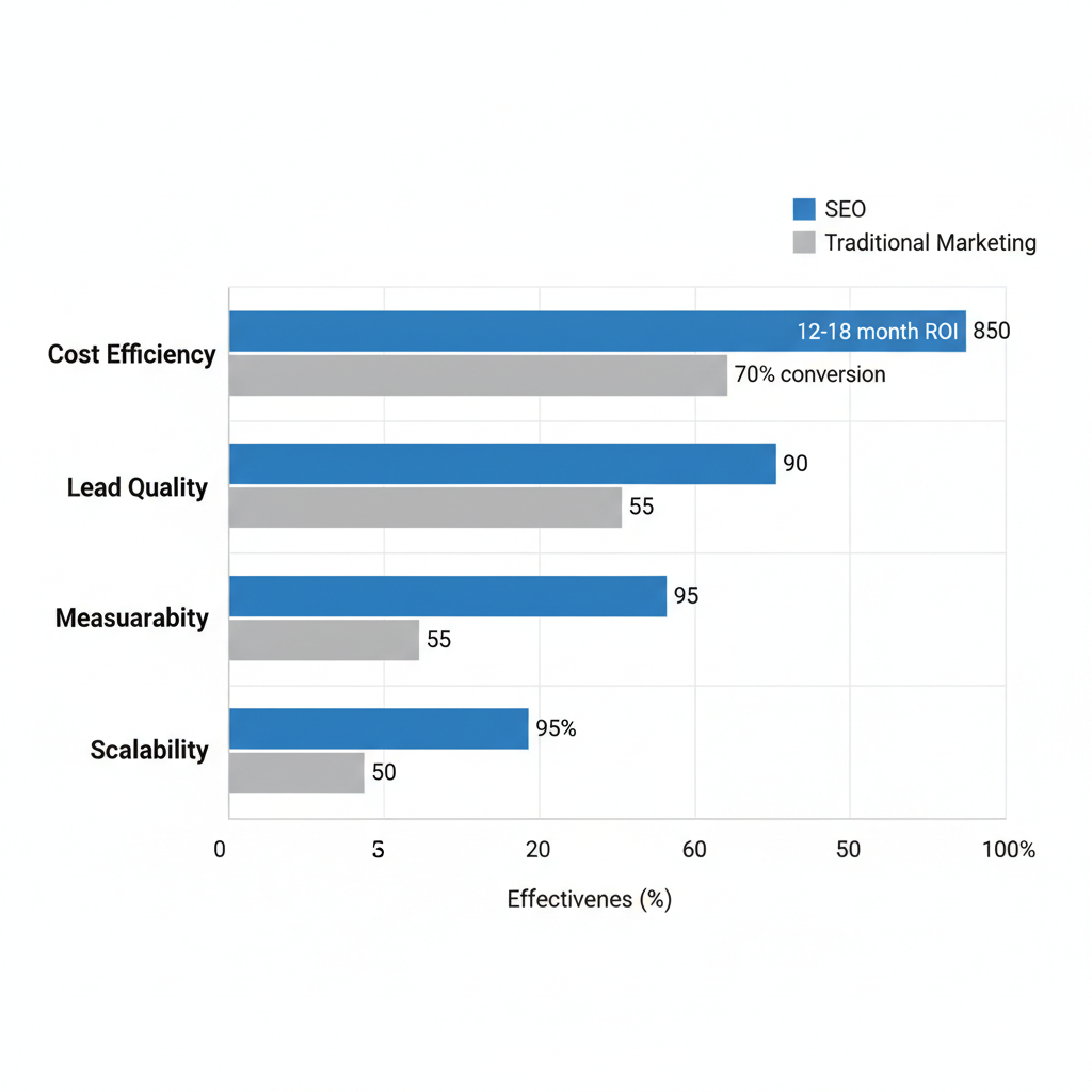 Horizontal bar chart comparing benefits of SEO versus traditional marketing for fire protection companies, highlighting cost efficiency, lead quality, measurability, and scalability.