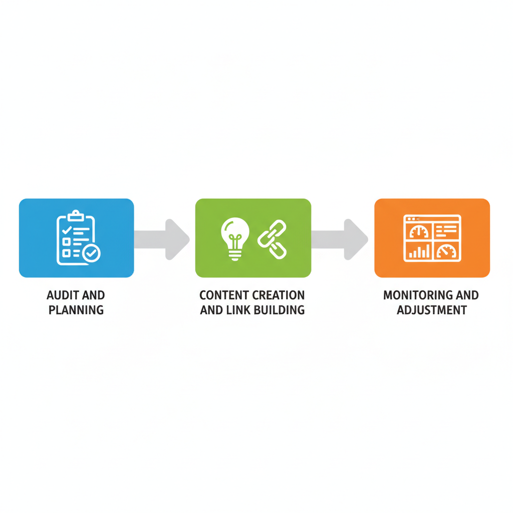 Horizontal process flow diagram of three SEO stages for fire protection: audit and planning in blue, content and links in green, monitoring in orange, with icons and arrows.