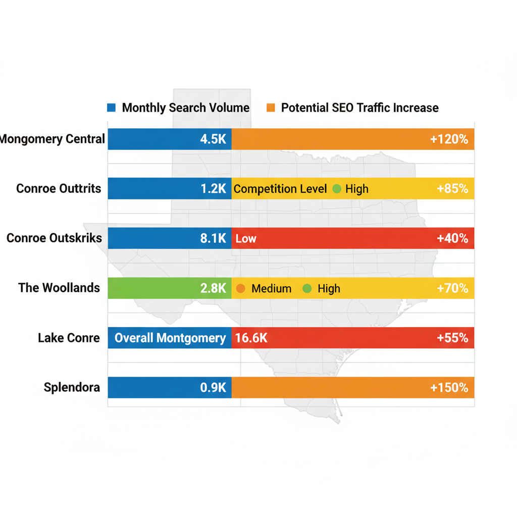 Horizontal bar chart illustrating SEO metrics including search volume, competition, and traffic potential for fire protection services in Montgomery sub-areas