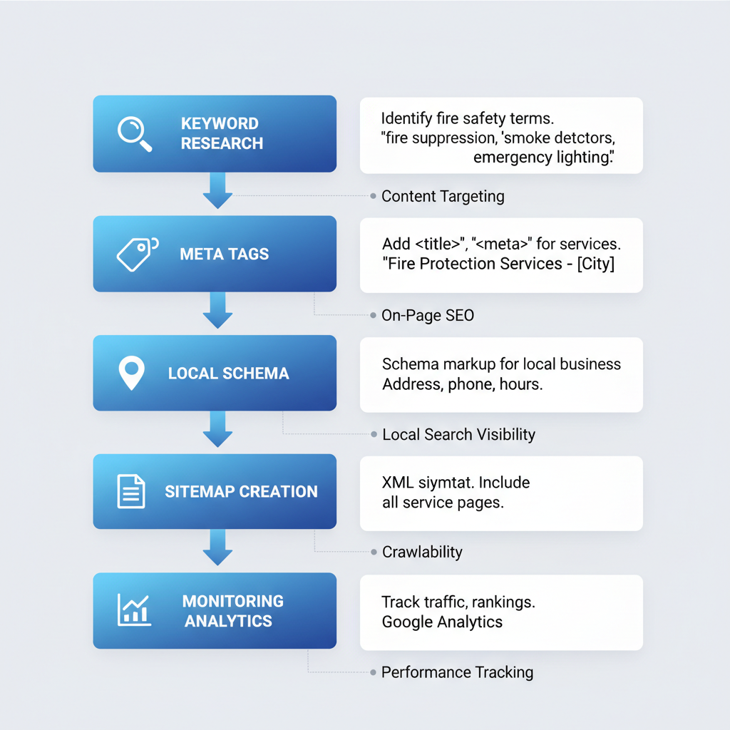 Vertical process flow diagram illustrating five SEO optimization steps for fire protection websites with icons and labels