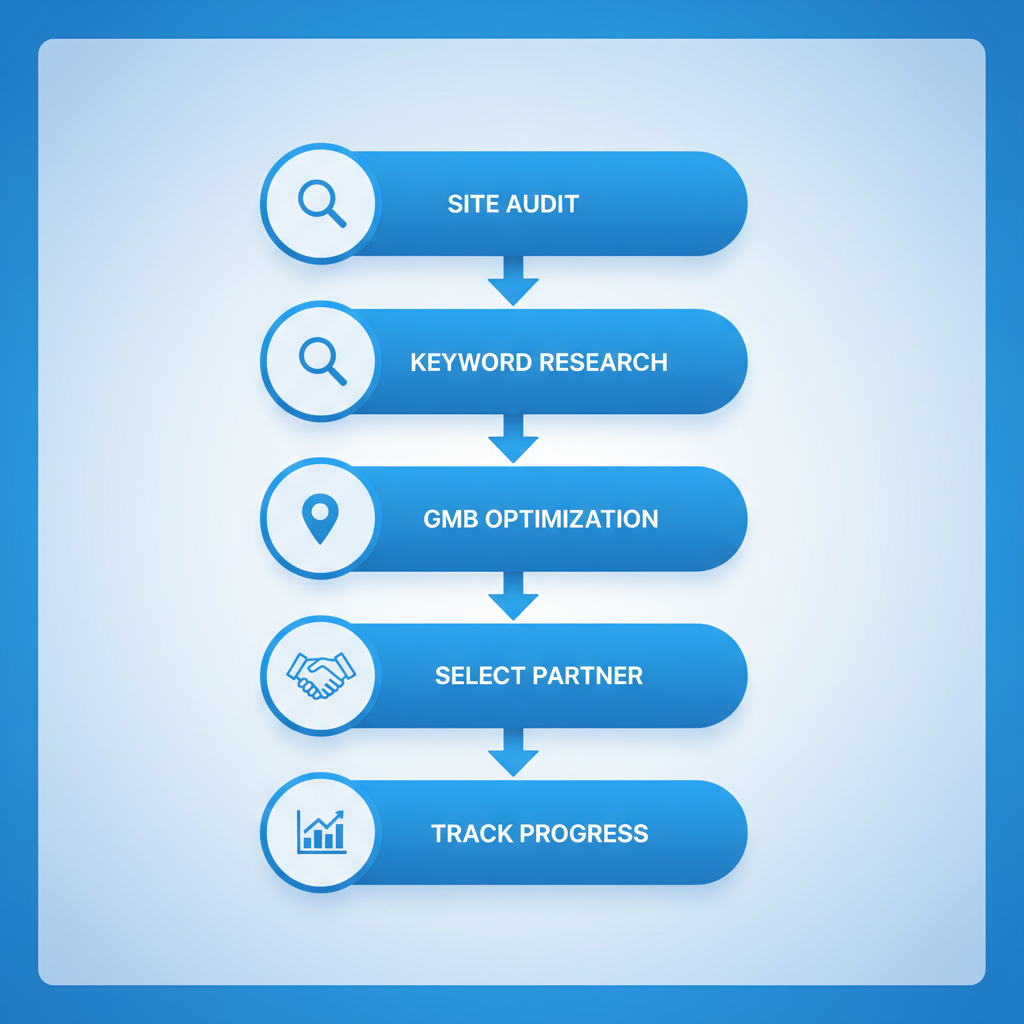 Vertical process flow diagram illustrating five key steps to launch SEO for fire protection businesses with icons and minimal labels
