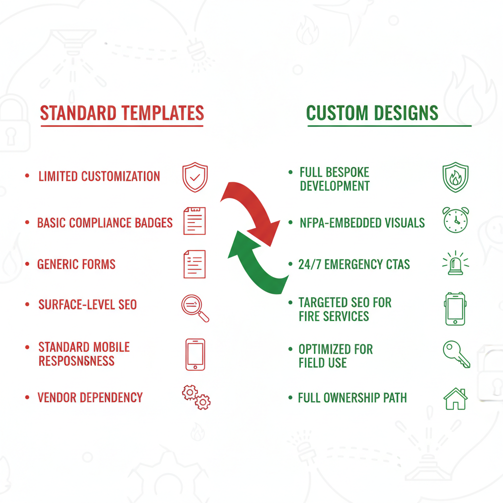 Infographic comparing standard template websites to custom designs for fire protection companies, highlighting features and benefits.