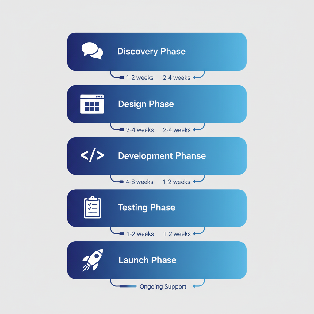 Vertical process flow diagram illustrating five stages of building fire protection websites: Discovery, Design, Development, Testing, and Launch with icons and timelines.