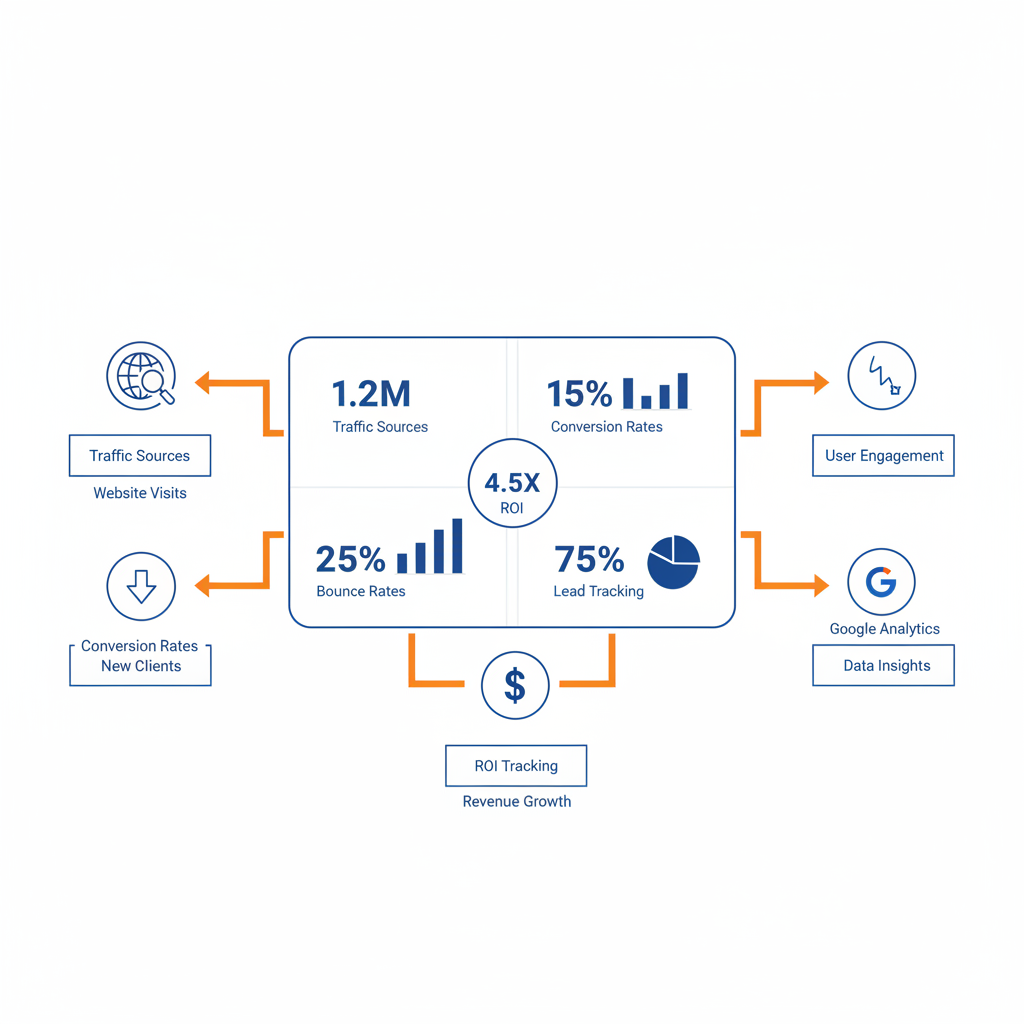 Infographic showing performance analytics dashboard for fire protection websites with metrics like traffic sources and conversion rates.