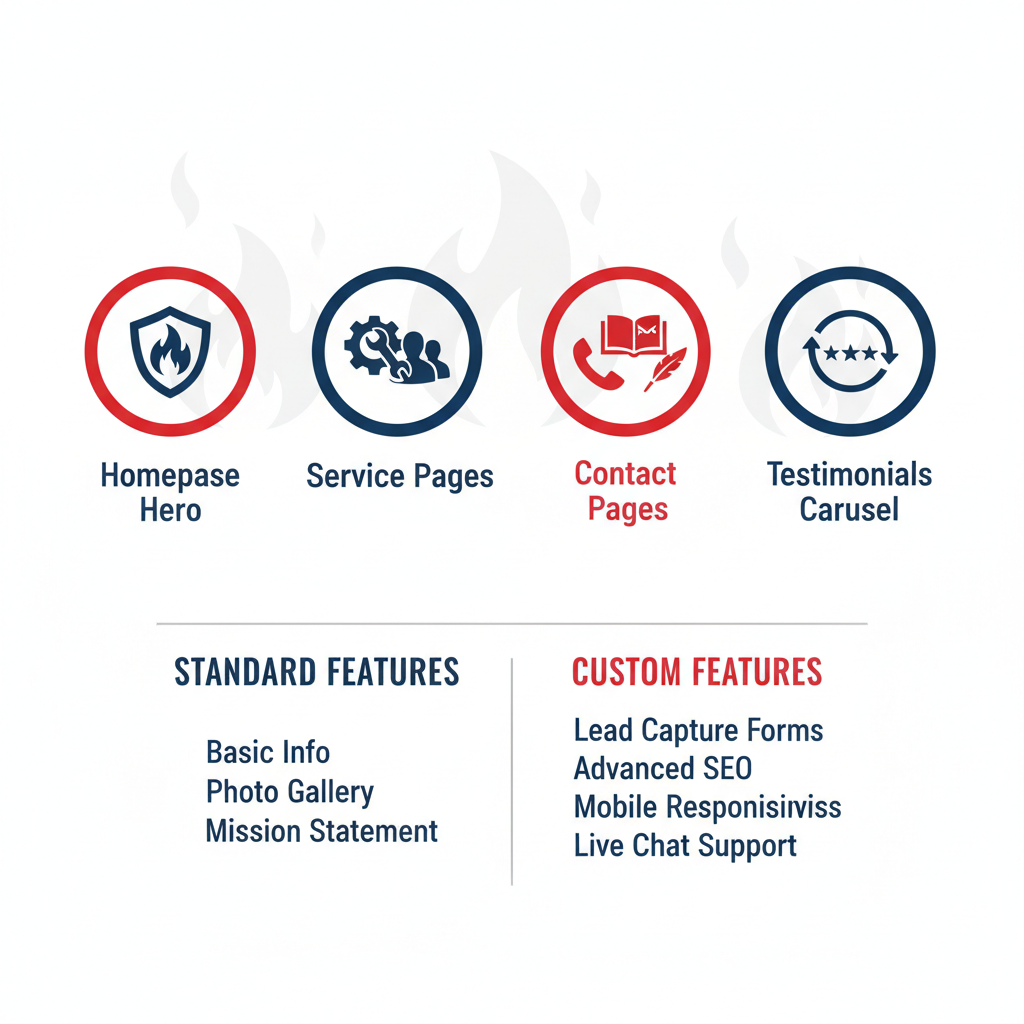 Infographic illustrating key components of fire protection agency websites with icons and feature comparison chart