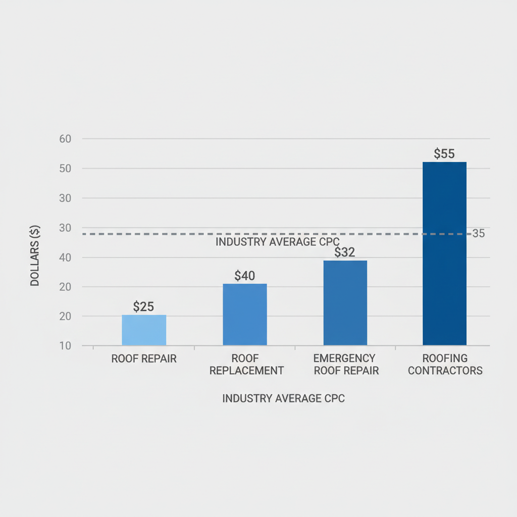 Bar chart illustrating average cost-per-click for key roofing Google Ads keywords ranging from $10 to $60