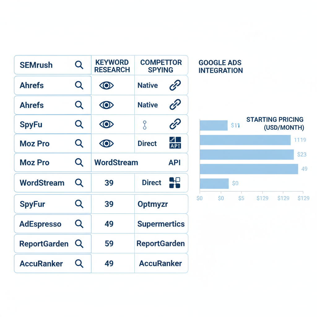 Comparison chart of top PPC tools for roofing ads, showing features, pricing, and Google Ads integrations