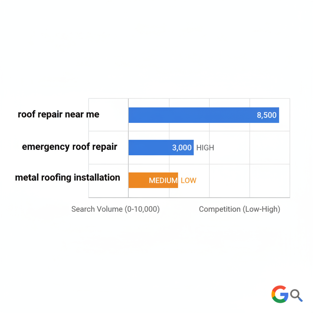 Bar chart illustrating search volumes and competition levels for essential roofing keywords