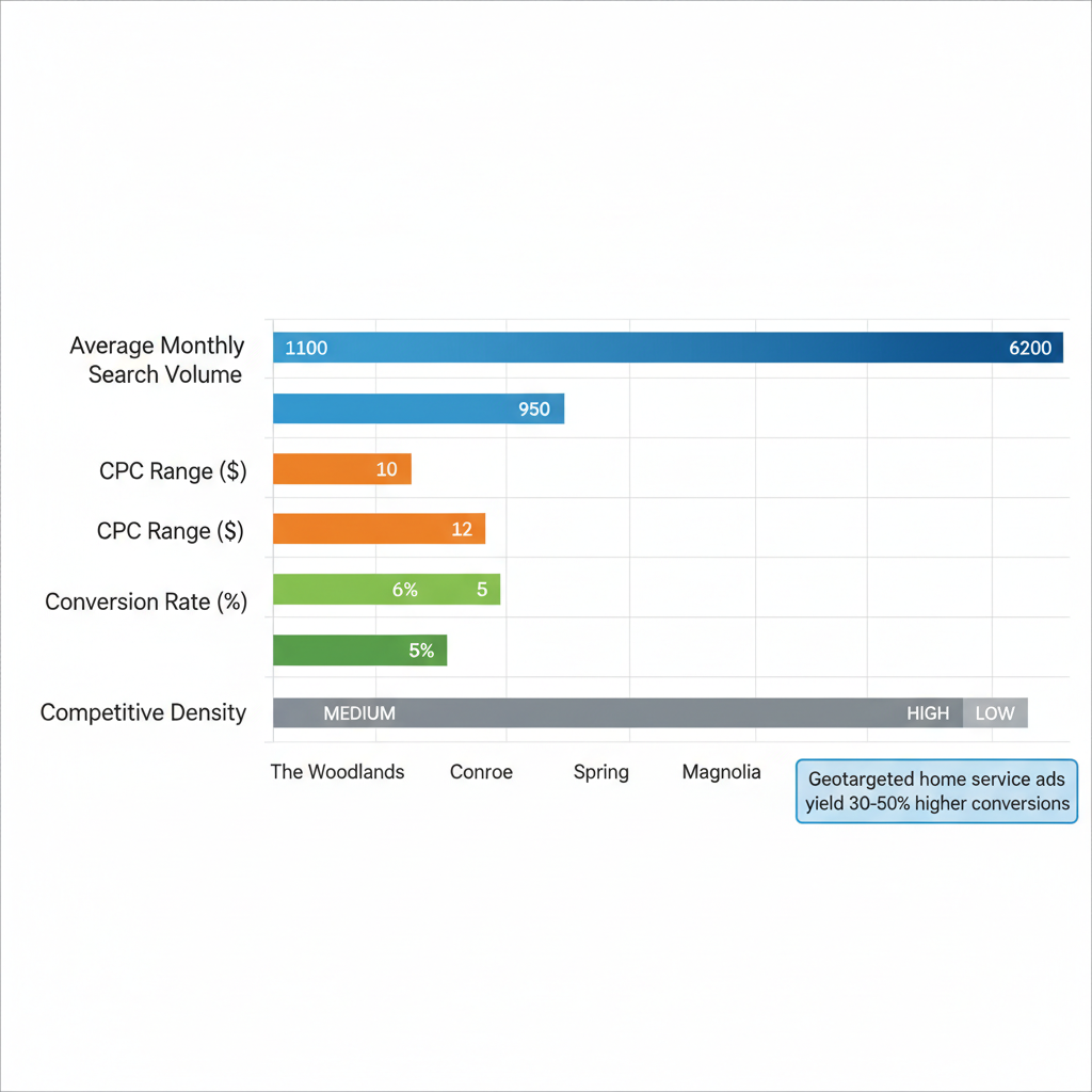 Horizontal bar chart comparing roofing Google Ads metrics like search volume, CPC, conversion rates, and competitive density across Montgomery neighborhoods including The Woodlands, Conroe, Spring, and Magnolia.